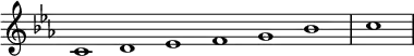 \relative c' {
\new Staff \with { \remove "Time_signature_engraver" }
{ \key c \minor \time 1/1 \cadenzaOn c1 d ees f g bes \bar "|" c \bar"|"}
}