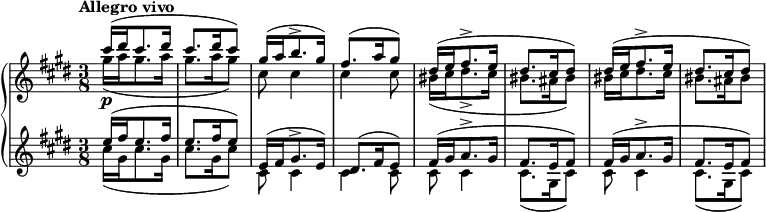 \relative c' {
\new PianoStaff <<
\new Staff { \key cis \minor \time 3/8 \tempo "Allegro vivo"
<<
{
cis''16\p ( dis cis8. dis16 cis8. dis16 cis8) gis16( a b8.-> gis16) fis8.( a16 gis8)
dis16( e fis8.-> e16 dis8. cis16 dis8) dis16( e fis8.-> e16 dis8. cis16 dis8)
}
\\
{
gis16( a gis8. a16 gis8. a16 gis8) cis,8 cis4 cis cis8
bis16( cis dis8.-> cis16 bis8. ais16 bis8) bis16 cis dis8. cis16 bis8. ais16 bis8)
}
>>
}
\new Staff { \key cis \minor \time 3/8
<<
{
e16( fis e8. fis16 e8. fis16 e8) e,16( fis gis8.-> e16) dis8.( fis16 e8)
fis16( gis a8.-> gis16 fis8. e16 fis8) fis16( gis a8.-> gis16 fis8. e16 fis8)
}
\\
{
cis'16( gis cis8. gis16 cis8. gis16 cis8) cis, cis4 cis cis8
cis cis4 cis8.( gis16 cis8) cis cis4 cis8.( gis16 cis8)
}
>>
}
>>
}