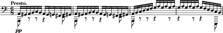 
\relative c {
 \new Staff { \key a \minor \time 6/8 \set Score.tempoHideNote = ##t \tempo "Presto." 4=180 \clef bass 
  <<
   {
    a16 gis a b c b a gis g fis g gis a gis a b c b a gis g fis g gis
    a b c d e f g a g a g a g a g a g a g f e d c b
   }
  \\
   {
    a,8-.\pp r c\rest r4 e8-. a,-. r c\rest r4 e8
    a,8-. c\rest c\rest c4\rest c8\rest c4\rest c8\rest c4\rest  e,8-. }
  >>
 }
}
