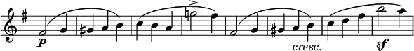 \relative c' \new Staff \with { \remove "Time_signature_engraver" } {
\key e \minor \time 3/4
fis2\p( g4 gis a b) c( b a g'!2-> fis4) fis,2( g4 gis a\cresc b\!) c( d fis b2\sf a4) }