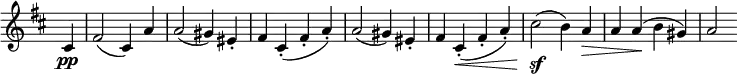 \relative c' \new Staff \with { \remove "Time_signature_engraver" }
{ \key d \major \time 4/4 \partial 4
cis4\pp fis2( cis4) a' a2( gis4) eis-.
fis cis-.( fis-. a-.) a2( gis4) eis-.
fis cis-.\<( fis-. a-.) cis2\sf( b4) a\> a a\!( b gis) a2}