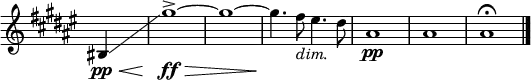 \new Staff \with { \remove "Time_signature_engraver" }\relative c' {\key fis \major \time 4/4 \partial 4 \set Score.tempoHideNote = ##t \tempo "" 8=80 \once \override Hairpin.minimum-length = #8 bis4(\pp\< \glissando gis''1->\!\ff\> ~ gis ~ gis4.\! fis8_\markup{\italic dim.} eis4. dis8 ais1\pp ais ais\fermata \bar "|."}