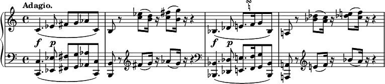 
 \relative c' {
  \new PianoStaff <<
   \new Staff { \key a \minor \time 4/4 \set Score.tempoHideNote = ##t \tempo "Adagio." 4=60
   \override Score.NonMusicalPaperColumn #'line-break-permission = ##f
    {
     c4. ( es8 fis g aes c,) b r <es' c>( <d b>16) r <fis c>8( <g b,>16) r r4
     bes,,4.( des8 e!8.[ ^\markup    
            \teeny \override #'(baseline-skip . 1) {
             \null \halign #-3
             \center-column {
              \musicglyph #"scripts.turn"
              \natural
             }
            }
     f16 g8 bes,] ) a! r <des' bes>( <c a>16) r <e! des!>8( <f c>16) r r4
    }
   }
   \new Dynamics {
    s4.\f s8\p s2 s1 s4.\f s8\p s2 s1
   }
   \new Staff { \key a \minor \time 4/4 \clef bass
    <c,, c,>4.( <es es,>8 <fis fis,> <g g,> <aes aes,> <c, c,>)
    <b b,> r \clef treble fis''( g16) r aes8( g16) r r4 \clef bass
    <bes,, bes,>4.( <des des,>8 <e! e,!>8.[ <f f,>16 <g g,>8 <bes, bes,>] )
    <a! a,!> r \clef treble e''!( f16) r bes8( a16) r r4
   }
  >>
 }
