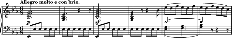 
 \relative c' {
  \new PianoStaff <<
   \new Staff { \key es \major \time 6/8 \tempo "Allegro molto e con brio."
    <g' es bes>2. <es bes g>4. r4 r8 <bes' g es bes>2. <g es bes g>4 r8 r4 bes8
    es( d f es d f es d f es d c)
   }
   \new Dynamics {
    s2.\p s s\sf 
   }
   \new Staff { \key es \major \time 6/8 \clef bass
    <<
     {
      es,,,8 es' es \stemDown es es es | es es es es es es | \stemUp es, es' es \stemDown es es es |
      es es es es es es | \stemUp es'2.~ es4
     }
    \\
     { s2. s s s <g, es>4.( <aes f> <bes g>4) d,8\rest d4\rest d8\rest }
    >>
   }
  >>
 }
