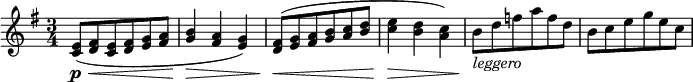 \relative c' {
\time 3/4
\key g \major
<c e>8(\p\< <d fis> <c e> <d fis> <e g> <fis a> | <g b>4\> <fis a> <e g>) | <d fis>8(\< <e g> <fis a> <g b> <a c> <b d> | <c e>4\> <b d> <a c>) |
b8\!-\markup{\italic "leggero"} d f a f d | b c e g e c |
}