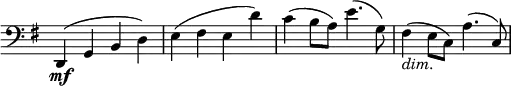 \relative c, \new Staff \with { \remove "Time_signature_engraver" } {
\set Score.tempoHideNote = ##t \tempo "" 4=152 \key e \minor \time 4/4 \clef bass
d4\mf( g b d) e( fis e d') c( b8 a) e'4.( g,8) fis4_\markup \italic dim. ( e8 c) a'4.( c,8)
}