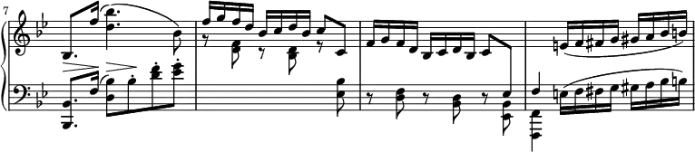 
 \relative c' {
  \new PianoStaff <<
   \new Staff = "R" \with { \remove "Time_signature_engraver" } { \key bes \major \set Score.tempoHideNote = ##t \tempo "" 4=150 \time 3/4
    \set Score.currentBarNumber = #7 \bar ""
    bes8. f''16( <bes d,>4.) ( bes,8) \stemUp f'16 g f d bes c d bes \stemNeutral c8 c,
    f16 g f d bes c d bes \stemUp c8 \change Staff = "L" es,
    f4 \change Staff = "R" e'16( f fis g gis a bes b)
   }
   \new Dynamics {
    s8.\> s16\! s8\> s\!
   }
   \new Staff = "L" \with { \remove "Time_signature_engraver" } { \key bes \major \time 3/4 \clef bass
    <bes,, bes,>8. f'16( <bes d,>8) bes-. <f' d>-. <g es>-.
    \change Staff = "R" \stemDown r8 <f d> r <d bes> r \change Staff = "L" \stemNeutral <bes es,>
    \stemDown r <f d> r <d bes> r <bes es,> <f f,>4 e'16( f fis g gis a bes b)
   }
  >>
 }
