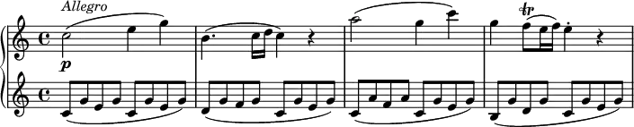 \version "2.18.2"
\header {
tagline = ##f
}
upper = \relative c'' {
\tempo "Allegro"
\tempo 4 = 130
c2\p ^\markup{ \italic {Allegro} } (e4 g) \noBreak
b,4.(c16 d c4) r \noBreak
a'2( g4 c) \noBreak
g f8\trill( e16 f) e4-. r \noBreak
}
lower =\relative c' {
\set Staff.midiMinimumVolume = #0.2 \set Staff.midiMaximumVolume = #0.5
c8 (g' e g c, g' e g)
d (g f g c, g' e g)
c, (a' f a c, g' e g)
b, (g' d g c, g' e g)
}
\score {
\new PianoStaff <<
\new Staff = "upper" \upper
\new Staff = "lower" \lower
>>
\layout {
\context {
\Score
\remove "Metronome_mark_engraver"
}
}
\midi { }
}