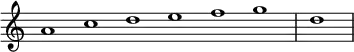 \relative c'' {
\new Staff \with { \remove "Time_signature_engraver" }
{ \key a \minor \time 1/1 \cadenzaOn a1 c d e f g \bar "|" d \bar"|"}
}