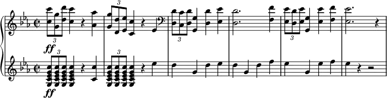 { \new PianoStaff <<
\new Staff \relative c'' { \set Staff.midiInstrument = #"string ensemble 1" \key c \minor \clef treble \time 2/2 \set Score.tempoHideNote = ##t \tempo 2 = 95
\once \override TupletBracket #'stencil = ##f
\times 2/3 {
<c c'>8 \ff <g g'>8 <d' d'>8
}
<c c'>4 r4 <as as'>4 | % 2
\once \override TupletBracket #'stencil = ##f
\times 2/3 {
<g g'>8 <d d'>8 <es es'>8
}
<c c'>4 r4 es4 | % 3
\clef "bass" \once \override TupletBracket #'stencil = ##f
\times 2/3 {
<d, d'>8 <c c'>8 <d d'>8
}
<g, g'>4 <d' d'>4 <es es'>4 | % 4
<d d'>2. <f f'>4 | % 5
\once \override TupletBracket #'stencil = ##f
\times 2/3 {
<es es'>8 <d d'>8 <es es'>8
}
<g, g'>4 <es' es'>4 <f f'>4 | % 6
<es es'>2. r4
}
\new Staff \relative g { \set Staff.midiInstrument = #"string ensemble 1" \key c \minor \clef treble \time 2/2
\once \override
TupletBracket #'stencil = ##f
\times 2/3 {
<g c es g c>8 \ff <g c es g c>8 <g c es g c>8
}
<g c es g c>4 r4 <c c'>4 | % 2
\once \override TupletBracket #'stencil = ##f
\times 2/3 {
<g c es g c>8 <g c es g c>8 <g c es g c>8
}
<g c es g c>4 r4 es''4 d4 g,4 d'4 es4 | % 4
d4 g,4 d'4 f4 | % 5
es4 g,4 es'4 f4 | % 6
es4 r4 r2 }
>> }