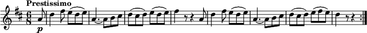 \relative c'' {
\version "2.18.2"
\key d \major
\time 6/8
\tempo "Prestissimo"
\tempo 4 = 210
\partial 8 a8 \p
d4 fis8 e (d e)
a,4. ~ a8 b cis
d (cis d) e (d e)
fis4 r8 r4 a,8
d4 fis8 e (d e)
a,4. ~ a8 b cis
d (cis d) e (fis e)
d4 r8 r4 \bar ":|."
}