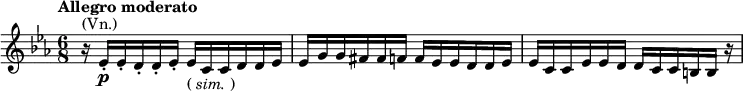 \relative e''{\key c \minor \time 6/8 \set Score.tempoHideNote = ##t \tempo "Allegro moderato" 2. = 66 r16^\markup{(Vn.)} es,-.\p es-. d-. d-. es-. es_\markup{( \italic sim. )} c c d d es es g g fis fis f f es es d d es es c c es es d d c c b b r }