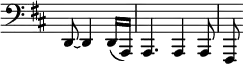 \relative c' \new Staff \with { \remove "Time_signature_engraver" } { \key b \minor \time 3/4 \partial 2 \clef bass
d,,8~ d4 d16( a) a4. a4 a8 fis
}