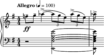 { \new PianoStaff << \new Staff \relative c'' { \clef treble \numericTimeSignature \time 4/4 \key e \minor \tempo "Allegro" 4 = 100 f8--\ff g-- aes4->(~ \times 2/3 { aes8 g e) } \times 2/3 { aes->( g e) } | aes16-> } \new Staff \relative c'' { \clef bass \numericTimeSignature \time 4/4 \key e \minor r2 < g b, g e e,>2~ | < g b, g e e,>8 } >> }