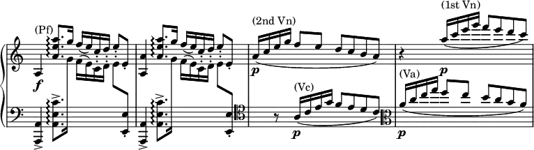 
\relative c' {
  \new PianoStaff <<
   \new Staff = "R"
   \with {\consists "Span_arpeggio_engraver"}
   \with { \remove "Time_signature_engraver" }
   { \key a \minor \time 4/4 \set Score.tempoHideNote = ##t \tempo "" 4=100
    \stemUp a4^\markup (Pf) \f <a'' e a,>8.\arpeggio g16 f( e) c-. d-. e8-. e,-. <a a,>4
    <a' e a,>8.\arpeggio g16 f( e) c-. d-. e8-. e,-.
    a16^\markup { (2nd Vn) } \p ( c e g f8 e d c b a)
    r4 a'16^\markup { (1st Vn) } \p ( c e g f8 e d c)
   }
   \new Staff = "L" \with { \remove "Time_signature_engraver" } { \key a \minor \time 4/4 \clef bass
    <a,,, a,>4-> \stemDown <c' e, a,>8.->\arpeggio \change Staff = "R" g'16 f( e) c-. d-. e8-. \change Staff = "L" \stemUp <e, e,>-.
    <a, a,>4-> \stemDown <c' e, a,>8.->\arpeggio \change Staff = "R" g'16 f( e) c-. d-. e8-. \change Staff = "L" \stemUp <e, e,>-.
    \clef tenor s8 r a16^\markup (Vc) \p ( c e g f8 e d c)
    \clef alto a'16^\markup (Va) \p ( c e g f8 e d c b a)
   }
  >>
 }
