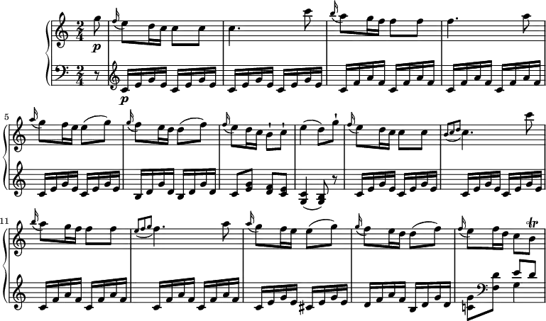 
\version "2.18.2"
\header {
  tagline = ##f
}

upper = \relative c'' {
         \clef "treble" 
         \tempo "Allegretto grazioso"
         \key c  \major
         \time 2/4 
         \tempo 4 = 78
       \partial 8 g'8\p
       \grace f16 (e8) d16 c c8 c
       c4. c'8
       \grace b16 (a8) g16 f f8 f
        f4. a8
       \grace a16 (g8) f16 e e8 (g)
       \grace g16 (f8) e16 d d8 (f)
        \grace f16 (e8) d16 c b8-! c-!
        e4 (d8) g-!
       \grace f16 (e8) d16 c c8 c
       \grace{b (c d}  c4.) c'8
       \grace b16 (a8) g16 f f8 f
        \grace{e (f g} f4.) a8
       \grace a16 (g8) f16 e e8 (g)
       \grace g16 (f8) e16 d d8 (f)
        \grace f16 (e8) f16 d c8 b\trill
       
}

lower =\relative c' {      
         \clef "bass" 
         \key c \major
         \time 2/4 
\set Staff.midiMinimumVolume = #0.2 
\set Staff.midiMaximumVolume = #0.4
       \partial 8 r8

        \clef "treble"
        c16\p e g e
        \repeat unfold 3 {  c16 e g e }
        \repeat unfold 4 {  c f a f} 
         \repeat unfold 2 {  c e g e }
         \repeat unfold 2 {  b d g d }
         c8 <e g> <d f> <c e>
         <g c>4 (<g b>8) r8
         \repeat unfold 4 {  c16 e g e }
         \repeat unfold 4 {  c f a f}
         c16 e g e cis16 e g e
          d f a f b, d g d
         <c! g'>8  \clef "bass"  <f, d'> <<{e'8 d} \\ {g,4}>>
} 
\score {
  \new PianoStaff <<
    \new Staff = "upper" \upper
    \new Staff = "lower" \lower
  >>
  \layout {
    \context {
      \Score
      \remove "Metronome_mark_engraver"
    }
  }
  \midi { }
}
