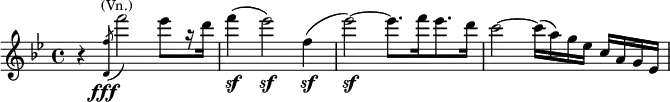  \relative c' { \key bes \major \time 4/4 \set Score.tempoHideNote = ##t \tempo "" 4 = 76
{r4 \slashedGrace {<d f'>8(} f''2_\markup{\dynamic \right-align fff}^\markup{\smaller \center-align (Vn.)}) es8[ r16 d16] f4\sf( es2\sf) f,4(\sf es'2)\sf ~ es8.[ f16 es8. d16] c2 ~ c16( a) g es c a g es}
} 