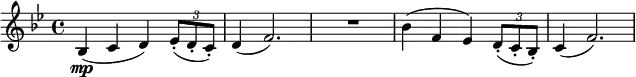 \relative c' {
\key bes \major
bes(\mp c d) \tuplet 3/2 { es8-.( d-. c-.) } | d4( f2.) | R1 | bes4( f es) \tuplet 3/2 { d8-.( c-. bes-.) } | c4( f2.) |
}