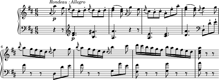 
\version "2.18.2"
\header {
  tagline = ##f
}
upper = \relative c' {
         \clef "treble"
         \tempo "Allegro"
         \key d \major
         \time 6/8
         \tempo 4 = 152
         \set Staff.midiInstrument = #"piano"
        s4. \grace a'16^\markup{\italic {Rondeau : Allegro}} (a'4)\p fis8
        \grace e16 (d8) cis-. d-.  \grace e16 (d8) cis-. d-.
        <d fis>4 (<cis e>8)  \grace g16 (g'4) e8
        \grace d16 (cis8) b-. cis-.  a-. e'-. a-.
        <e g>4 (<d fis>8)  \grace d16 (fis4) g8
        \grace b16 (a8) g16 fis e d  \grace d16 (fis4) g8
        \grace b16 (a8) g16 fis e d  \grace d16 (b'4) cis8
        d16 cis b a g fis b a g fis e d
        <cis e a>8 r r
}
lower = \relative c' {
         \clef "bass"
         \key d \major
         \set Staff.midiInstrument = #"piano"
     s4. r4 r8 \clef "treble"
     <d fis>4. \p <b gis'>
     <a a'> r4 r8
     <a e'>4. <cis e>
     <d a'>  \clef "bass" d,8-! d'-! e-!
     fis r r d, d' e
     fis r r g, g' e
     <fis, fis'> r r  < g g'> r r
     <a a'> r r
}
\score {
  \new PianoStaff <<
    \new Staff = "upper" \upper
    \new Staff = "lower" \lower
  >>
  \layout {
    \context {
      \Score
      \remove "Metronome_mark_engraver"
    }
  }
  \midi { }
}

