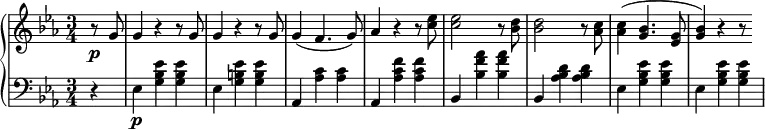 \relative d' {
\new PianoStaff <<
\new Staff { \key c \minor \time 3/4 \partial 4
\set Score.tempoHideNote = ##t \tempo "" 2. = 56
r8 g g4 r r8 g g4 r r8 g g4( f4. g8) aes4 r r8 <c ees> <c ees>2 r8 <bes d> <bes d>2 r8 <aes c> <aes c>4( <g bes>4. <ees g>8 <g bes>4) r r8
}
\new Dynamics {
s\p
}
\new Staff { \key c \minor \time 3/4 \clef bass \partial 4
r4 ees,\p <g bes ees> <g bes ees> ees <g b ees> <g b ees> aes, <aes' c> <aes c> aes, <aes' c f> <aes c f> bes, <bes' f' aes> <bes f' aes> bes, <aes' bes d> <aes bes d> ees <g bes ees> <g bes ees> ees <g bes ees> <g bes ees>
}
>>
}