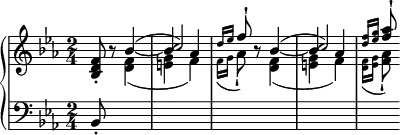 
\relative c' {
  \new PianoStaff <<
   \new Staff = "R" { \key es \major \time 2/4 \set Score.tempoHideNote = ##t \tempo "" 4=76
    <<
     {
      <f d bes>8_. b\rest bes4_~ 4 aes \grace { d16( es } f8-! b,\rest bes4_~
      bes aes \grace { <f' d>16( <g es> } <aes f>8-!
     }
    \\
     {
      \stemUp s4 \hideNotes bes,^( \unHideNotes \once \override NoteColumn.force-hshift = #1.0 c2)
      s4 \hideNotes bes^( \unHideNotes \once \override NoteColumn.force-hshift = #1.0 c2)
     }
    >>
   }
   \new Staff = "L" { \key es \major \time 2/4 \clef bass
    bes,,8-. s \change Staff = "R" \stemDown <f'' d>4_( <g e> f)
    \grace { \stemDown f16( g } aes8_!) s <f d>4_( <g e> f)
    \grace { \stemDown <f d>16( <g es> } <aes f>8_!)
   }
  >>
 }
