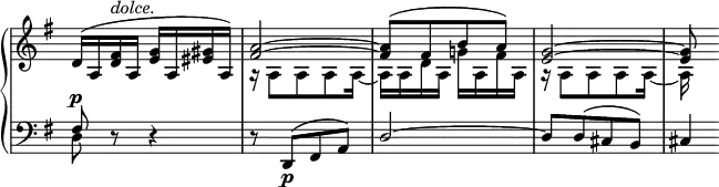
 \relative c' {
  \new PianoStaff <<
   \new Staff \with { \remove "Time_signature_engraver" } { \key g \major \time 2/4
    <<
     {
      d16( a <fis' d>^\markup \italic dolce. a, <g' e> a, <gis' eis> a,) <a'~ fis~>2
      <a fis>8[( fis b a)] <g~ e~>2 <g e>8
     }
    \\
     {
      s2 a,16\rest a8 a a a16~ a a d a g'! a, fis' a, a\rest a8 a a a16~ a
     }
    >>
   }
   \new Staff \with { \remove "Time_signature_engraver" } { \key g \major \time 2/4 \clef bass
    <<
     { fis8^\p d\rest d4\rest d8\rest d,8\p[( fis a)] d2~ d8[ d( cis b)] cis4*1/4 }
    \\
     { d8 }
    >>
   }
  >>
 }

