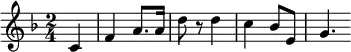 \relative c' {
\set Staff.midiInstrument = #"piano"
\key f \major
\time 2/4
\partial 4 c f4 a8. a16 d8 r8 d4 c4 bes8 e, g4.
}