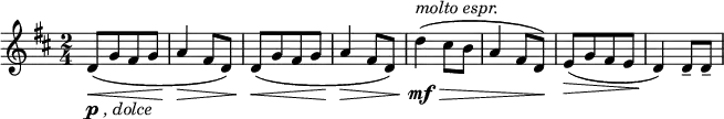 
\relative c' {  
   \new Staff { \key d \major \time 2/4
    [ d8-\markup { \dynamic p \italic { , dolce }}(\< g fis g ] | a4\> fis8 d) | [ d(\< g fis g ] | a4\> fis8 d) |
    d'4\mf^\markup { \italic { molto espr. }}(\> cis8 b | a4 fis8 d)\! | [ e\>( g fis e ] | d4)\! d8-- d--|
  }}
