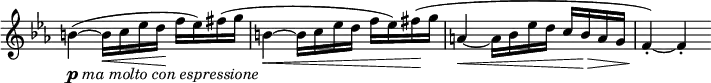 \relative c' \new Staff \with { \remove "Time_signature_engraver" } {
\key es \major \time 3/4
b'4_\markup { \dynamic p \italic { ma molto con espressione } }~( b16\< c es d\! f es) fis( g
b,4~\< b16 c es d f es) fis\!( g a,4~\< a16 bes es d c bes\> a g f4-.\!)~ f-.
}
