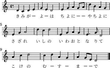 \header { tagline = ##f }
\score {
\new Staff \with{ \magnifyStaff #4/5 }{
\time 4/4
\override Score.SpacingSpanner #'common-shortest-duration = #(ly:make-moment 1 4)
\new Voice {
\relative c' {
d c d e | g e d2 | e4 g a g8 a | d4 b a g |\break
e g a2 | d4 c d2 | e,4 g a g | e4. g8 d2 |\break
a'4 c d2 | c4 d a g | a g8 e d2 \bar "|."
}
\addlyrics {
\override Lyrics.LyricText.font-size = #-1
き み が ー よ ー は ち よ に ー ー や ち よ に
さ ざ れ い し の い わ お と な り て
こ け の む ー す ー ま ー ー で
}
}
}
\layout {indent = 0\mm line-width = 90\mm}
\midi {\tempo 4 = 60}
}