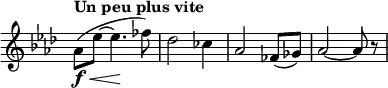 \relative c' \new Staff \with { \remove "Time_signature_engraver" } {
\key f \minor \time 3/4 \tempo "Un peu plus vite"
aes'8\f \<( es'~ es4.\! fes8) des2 ces4 aes2 fes8( ges) aes2~ aes8 r8
}