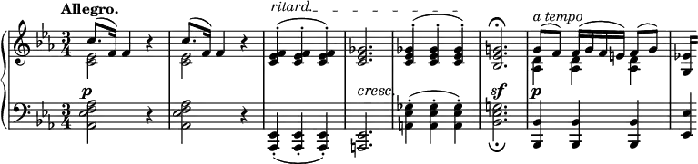 
 \relative c' {
  \new PianoStaff <<
   \new Staff { \key es \major \time 3/4 \tempo "Allegro."
    <<
     {
    \override TextSpanner.bound-details.left.text = \markup \italic ritard.
      c'8.( f,16) f4 bes\rest c8.( f,16) f4 bes\rest <f es c>-.^\startTextSpan( <f es c>-. <f es c>-.) <ges es c>2.
      <ges es c>4-.( <ges es c>-. <ges es c>-.\stopTextSpan) <g! es bes>2.\fermata
      g8^\markup \italic "a tempo" ( f) f16( g f e) f8( g) \set stemLeftBeamCount = #0 <es! g,>16[]
     }
    \\
     { <es c>2 s4 <es c>2 s4 s2. s2. s2. s2. <d aes>4 <d aes> <d aes> }
    >>
   }
   \new Dynamics {
    s2.\p s2. s2. s4\cresc s2\! s2 s4 s2.\sf s2.\p
   }
   \new Staff { \key es \major \time 3/4 \clef bass
    <aes f es aes,>2 r4 <aes f es aes,>2 r4 <es, aes,>4-.( <es aes,>-. <es aes,>-.) <es a,>2.
    <ges' es a,>4-.( <ges es a,>-. <ges es a,>-.) <g! es bes>2._\fermata
    <bes, bes,>4 <bes bes,> <bes bes,> <es es,>4*1/4
   }
  >>
 }
