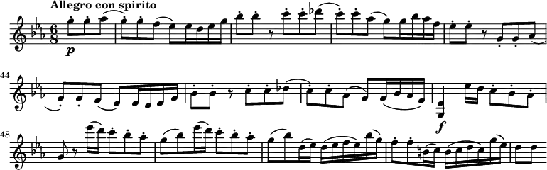 
\version "2.18.2"
 \relative c'' {
    \key ees \major 
    \time 6/8
    \tempo "Allegro con spirito"
    \set Score.currentBarNumber = #40
    \tempo 4 = 122   
     \partial 8*3 g'8-.  \p g-. aes (g-.) g-. 
     f (ees) ees16 d ees g
     bes8-. bes-. r c-. c-. des (c-.)
     c-. aes (g) g16 bes aes f
     ees8-. ees-. r g,-. g-. aes (g-.) g-. f (ees) ees16 d ees g
     bes8-. bes-. r c-. c-. des (c-.)
     c-. aes (g) g16 (bes aes f)
     <g, ees'>4 \f ees''16 d c8-. bes-. aes-.
     g r ees''16 (d) c8-. bes-. aes-.
     g (bes) ees16 (d) c8-. bes-. aes-.
     g (bes) d,16 (ees) d (ees f ees) bes' (g)
     f8-. f-. b,16 (c) b (c d c) g' (ees)
     d8 [d]  
 }
