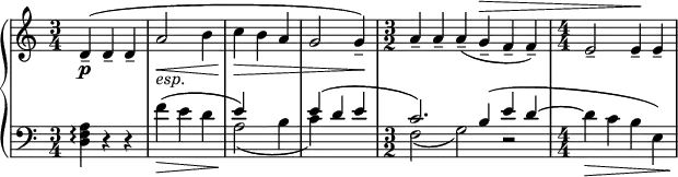 { \new PianoStaff <<
\new Staff = "RH" \relative c' { \clef treble \key a \minor \time 3/4
\numericTimeSignature
d4\p--( d-- d-- | a'2-\markup { \italic {esp.}}\< b4 | c\> b a | g2 g4\!--) |
\time 3/2 a-- a-- a--( g--^\> f-- f--) | \time 4/4 e2-- e4\!-- e-- |}
\new Staff = "LH" \relative c' { \clef bass \key a \minor \time 3/4
\numericTimeSignature
<a f d >4\arpeggio r4 r4 | f'4(\> e d |\!
<<
{ \voiceOne |
e4) \hideNotes r r \unHideNotes |
e( d e | \time 3/2 c2.) b4( e d~ | }
\new Voice {
a2_( b4 |
c) \hideNotes r r \unHideNotes | \time 3/2
f,2_( g2) r | }
>> \oneVoice
\time 4/4 d'4\> c b e,) |\!
}
>> }
