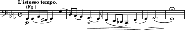 \relative c' \new Staff {
\key c \minor \time 4/4 \tempo "L'istesso tempo." \clef bass
g,8\p ^\markup (Fg.) g( bes fis g4) g'( d8) c( bes4) aes4.-> \< (g8)
f4( es8 des c4) f( g) \> aes2.( g1) \fermata \!
}