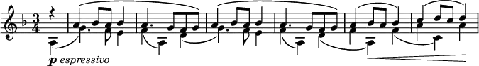 \relative c'' {
\time 3/4
\key d \minor
\partial 4
<< {
r4 | a4( bes8 a bes4 | a4. g8 f g) | a4( bes8 a bes4 | a4. g8 f g) | a4( bes8 a bes4) | c4( d8 c d4) |
} \\ {
a,4(-\markup{\dynamic "p" \italic "espressivo"} | g'4.) f8 e4 | f( a,) d( | g4.) f8 e4 | f( a,) d( |
f a,)\< f'( | a c,) a'\!
} >>
}