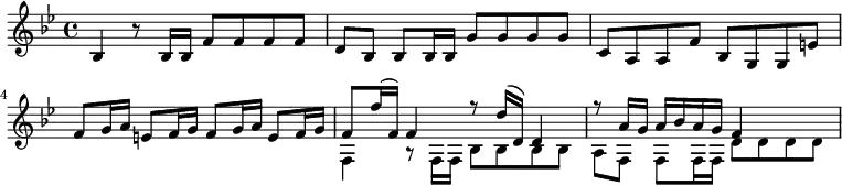 \relative c' { \time 4/4 \key bes \major \set Score.tempoHideNote = ##t \tempo "" 4 = 100 bes4 r8 bes16 bes f'8 f f f d bes bes bes16 bes g'8 g g g c, a a f' bes, g g e' f g16 a e8 f16 g f8 g16 a e8 f16 g
<<
{ f8 f'16( f,) f4 r8 d'16( d,) d4 r8 a'16 g a bes a g f4 }
\\
{f,4 r8 f16 f bes8 bes bes bes a f f f16 f d'8 d d d }
>>
}