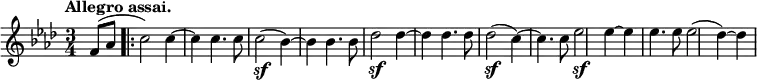 \relative c' { \key f \minor \time 3/4 \tempo "Allegro assai." \partial 4
f8( aes \set Score.repeatCommands = #'(start-repeat) c2) c4~ c4 c4. c8 c2\sf( bes4~) bes bes4. bes8
des2\sf des4~ des des4. des8 des2\sf( c4~) c4. c8 es2\sf es4~ es es4. es8 es2( des4~) des }