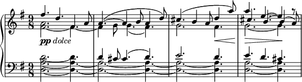 
 \relative c' {
  \new PianoStaff <<
   \new Staff { \key g \major \time 9/8 \mergeDifferentlyDottedOn
    <<
     { fis'4._\markup { \dynamic pp \italic dolce } d fis,4 a8 a4.~( a4 b8 a4 d8) cis4.( b4 a8 d4 a'8) a4. e~ e4 a8\rest }
    \\
     { <a, fis~>2. fis4.~ fis4 g8 g4.( fis) g2. fis4.\< g2.~\> g4.\! }
    \\
     { s1 s s s4. cis4. b4.~ b4( a8) }
    >>  
   }
   \new Staff { \key g \major \time 9/8 \clef bass
    << 
     { s2. s4. d,4 cis8 cis4.( d) e2. d4. e d cis }
     \\
     { <d~ a~ d,~>2. <d~ a~ d,~>4. <a~ d,~>2. <a~ d,~>4. <a~ d,~>2. <a d,>4. <a~ d,~>2. <a d,>4. }
    >>
   }
  >>
 }
