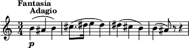 \relative b' {\set Staff.midiInstrument = #"violin"
\key c \major \time 3/4
\tempo "Fantasia"
\tempo 4 = 50
b4^\markup\bold{Adagio}( \p ais b)
cis8.( dis16 e4 dis)
dis4( cis b)
b4( ais8) r r4
}