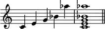 {\omit Staff.TimeSignature \time 5/4 c'4e'g'bes'aes'' \time 4/4 <c'e'g'bes'aes''>1 \bar "||"}