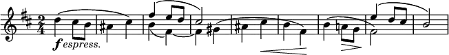 \relative c'' {
\time 2/4
\key b \minor
<< { 
  \voiceOne s2 | s2 | fis4( e8 d | cis2) | s2 | s2 | s2 | e4( d8 cis | b2)
} \\ {
  \voiceTwo d4^(_\markup{\dynamic "f" \italic "espress."} cis8 b | ais4 cis) | b( fis~) | fis gis^( | 
  ais cis\< | b fis)\! | b^( a!8\> g | fis2)\!
} >>
}