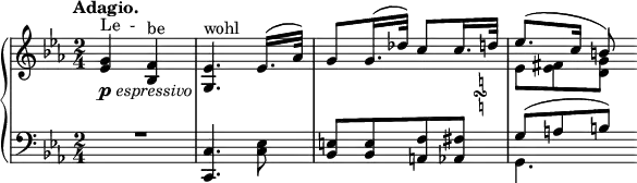 
 \relative c' {
  \new PianoStaff <<
   \new Staff { \key es \major \time 2/4 \tempo "Adagio."
    <<
     {
      <g' es>4^\markup "Le  -" _\markup { \dynamic p \italic espressivo }
      \override TextScript #'Y-extent = #'(-0.7 . 1.0) <f bes,>^\markup be <es g,>4.^\markup wohl
      es16.( aes32) g8 g16.( des'32) c8 c16._\markup
       \tiny \override #'(baseline-skip . 1) {
        \halign #-4 \raise #2
        \center-column {
         \natural
         \musicglyph #"scripts.turn"
         \natural
        }
       } d32 es8.( c16 b8)
     }
    \\
     { s2 s2 s2 es,8[ <fis es> <g d>] }
    >>
   }
   \new Staff { \key es \major \time 2/4 \clef bass
    <<
     { 
      \override MultiMeasureRest #'staff-position = #2
      R2 <c,, c,>4. \once \stemDown <es c>8 <e bes>[ <e bes> <f a,> <fis aes,>] g[( a b)]
     }
    \\
     { s2 s2 s2 g,4. }
    >>
   }
  >>
 }
