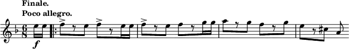 
\relative c'' {
 \key d \minor \time 6/8 \set Score.tempoHideNote = ##t
 \tempo \markup {
     \column {
      \line { Finale. }
      \line { Poco allegro. }
     }
    } 4.=86 \partial 8
 e16\f e \bar ".|:" f8-> [ r e] f-> [ r e16 e] f8-> [ r e] f[ r g16 g]
 a8[ r g] f[ r g] e[ r cis] a
}
