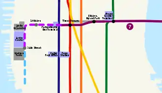 延伸部の路線図。タイムズ・スクエアから11番街と34丁目の交差点まで伸びている。