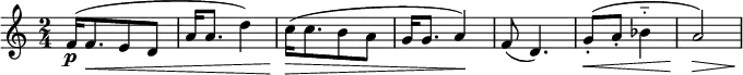 
\relative c' {  \new Staff { \key a \minor \time 2/4 \numericTimeSignature 
   [ f16-\p( f8.\< e8 d ] | a'16 a8. d4) | [ c16\>( c8. b8 a ] | g16 g8. a4\!) | f8( d4.)| g8-.(\< a-. bes4-_ | a2\>) |\! }}
