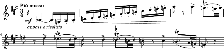\relative c' {
\key a \major
\time 3/4
\tempo "Più mosso"
\tempo 4 = 86
\set Staff.midiInstrument = "violin"
r4\mf _\markup{ \italic "appass.e risoluto" } bes4~ bes16 g-. a-. bes-.
c-.\< d-. e-. f-. g-. a-. bes-. c-. d-. e-. f-. g-.\!
a8-. r a4-> g8.\trill ( f32 g )
f8-. r f4-> ees8.\trill ( d32 ees )
d8-. r d4-> \once \override Script.script-priority = #-100
des8.^\trill^\markup { \flat } ( c32 des )
c8-. r c4-> bes8.\trill ( a32 g )
f8-. r
}
