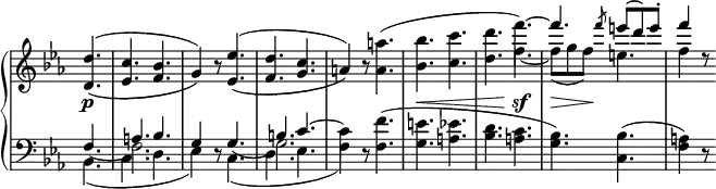 
 \relative c' {
  \new PianoStaff <<
   \new Staff \with { \remove "Time_signature_engraver" } { \key es \major \time 6/8 \partial 4.
    <<
     {
      <d' d,>4.( _\( <c es,> <bes f> g4) \) b8\rest <es es,>4.( _\( <d f,> <c g> a4) \) b8\rest
      \stemDown <a' a,>4.( <bes bes,> <c c,> <d d,> f~) \stemUp f \slashedGrace f8 e8( d) e-. f4
     }
    \\
     { s4. s2. s s s s s4. f,4.~ f8( g f) e4. f4 d8\rest }
    >>
   }
   \new Dynamics {
    s4.\p s2. s s s s\< s4. s\sf s8\> s s\!
   }
   \new Staff \with { \remove "Time_signature_engraver" } { \key es \major \time 6/8 \clef bass
    <<
     { s2 }
    \\
     { \stemUp f,,4.~ \stemDown f2. s4. \stemUp g_\( \stemDown g2.\) }
    \\
     {
      \stemUp s4. a bes g4 s2 b4. c~ \stemDown c4 s8 <f f,>4.( <e g,> <es a,> <d bes> <c a>
      <bes g>) <bes c,>( <a f>4) d,8\rest
     }
    \\
     { bes4.( c4. d4. es4) d8\rest c4.( d es4. f4) d8\rest }
    >>
   }
  >>
 }
