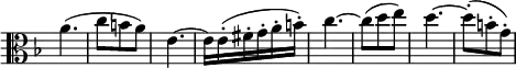 
\relative c'' {
 \new Staff \with { \remove "Time_signature_engraver" } { \key f \major \time 3/8 \set Score.tempoHideNote = ##t \tempo "" 4=100
  \clef alto a4.( c8 b a) e4.~ e16 e-.( fis-. g-. a-. b-.)
  c4.~ c8( d e) d4.~ d8-.( b-. g-.)
 }
}
