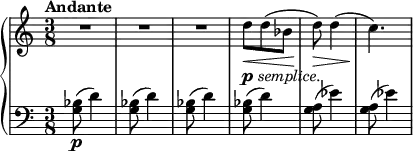{ \new PianoStaff <<
\new Staff = "RH" \relative c'' { \clef treble \key a \minor \tempo Andante \time 3/8
R4. | R4. | R4. |
d8-\markup { \dynamic p \italic {semplice.}}\< d8( bes8 | d8)\> d4( | c4.\!) | }
\new Staff = "LH" \relative c' { \clef bass \key a \minor \time 3/8
<bes g >8\p( d4) | <bes g >8( d4) | <bes g >8( d4) |
<bes g >8( d4) | <a g >8( ees'4) | <a, g >8( ees'4) | }
>> }